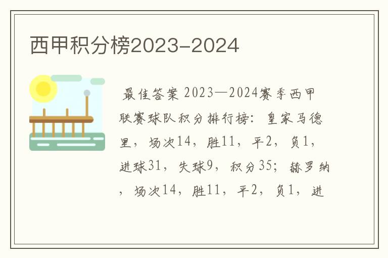 西甲积分榜2023-2024