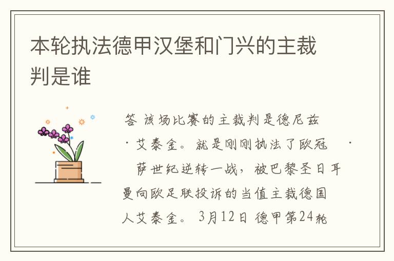 本轮执法德甲汉堡和门兴的主裁判是谁