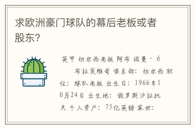 求欧洲豪门球队的幕后老板或者股东？