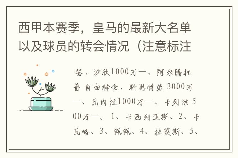 西甲本赛季，皇马的最新大名单以及球员的转会情况（注意标注球员身价）