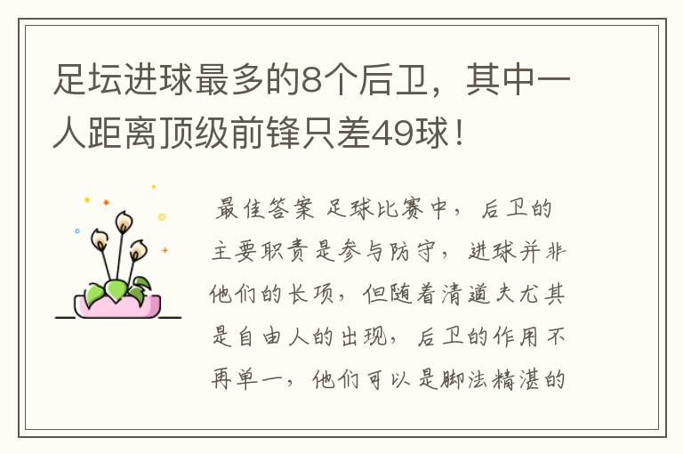 足坛进球最多的8个后卫，其中一人距离顶级前锋只差49球！