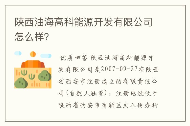 陕西油海高科能源开发有限公司怎么样？