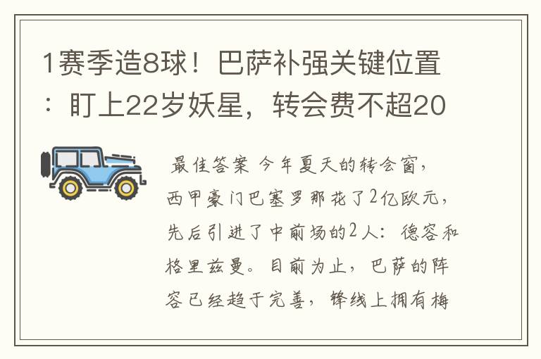 1赛季造8球！巴萨补强关键位置：盯上22岁妖星，转会费不超2000万