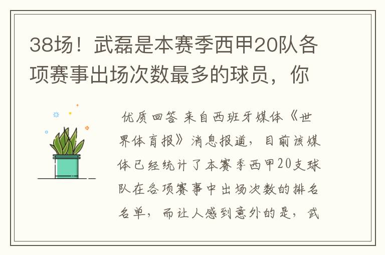 38场！武磊是本赛季西甲20队各项赛事出场次数最多的球员，你怎么看？