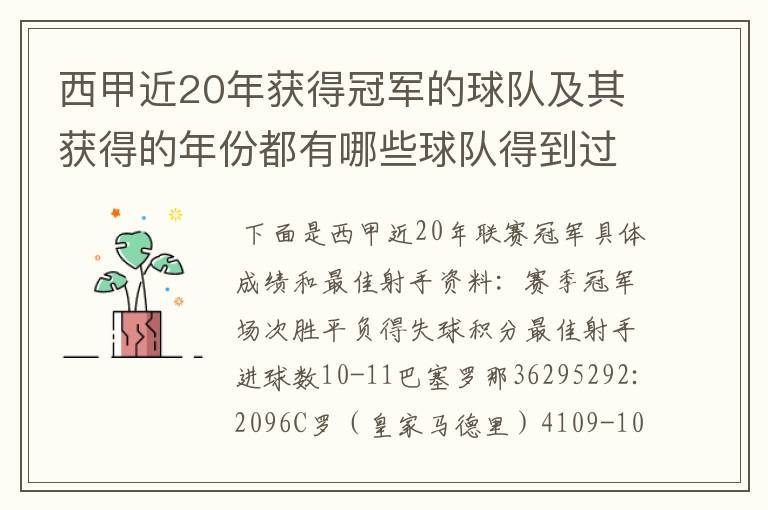 西甲近20年获得冠军的球队及其获得的年份都有哪些球队得到过意大利