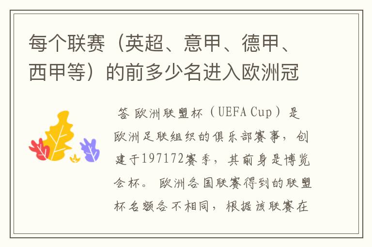 每个联赛（英超、意甲、德甲、西甲等）的前多少名进入欧洲冠军杯？多少名进入欧洲联盟杯？