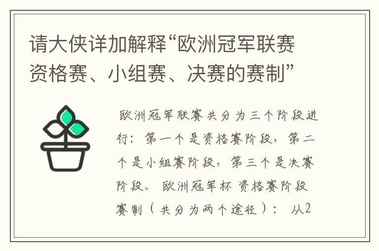 请大侠详加解释“欧洲冠军联赛资格赛、小组赛、决赛的赛制”？