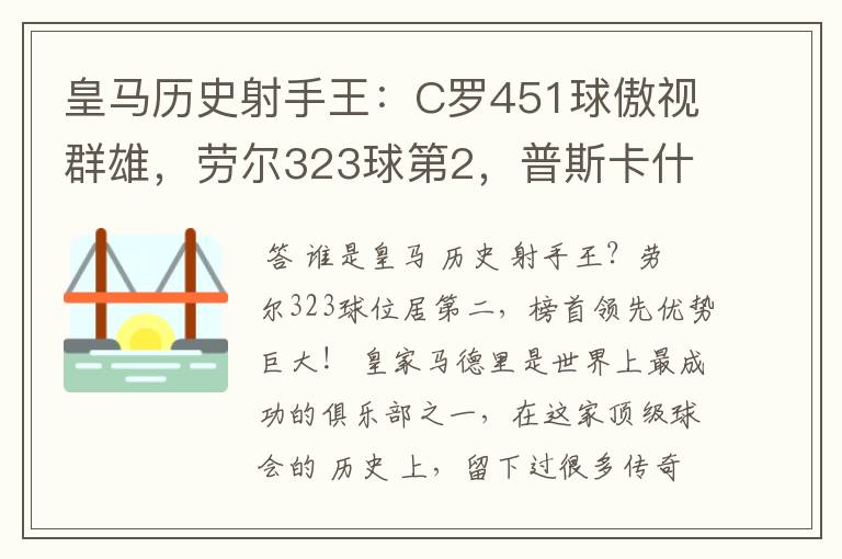 皇马历史射手王：C罗451球傲视群雄，劳尔323球第2，普斯卡什上榜