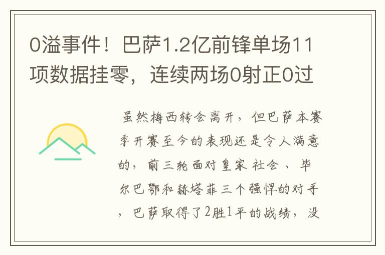 0溢事件！巴萨1.2亿前锋单场11项数据挂零，连续两场0射正0过人