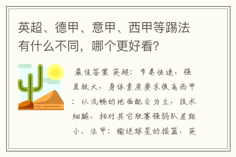 英超、德甲、意甲、西甲等踢法有什么不同，哪个更好看？