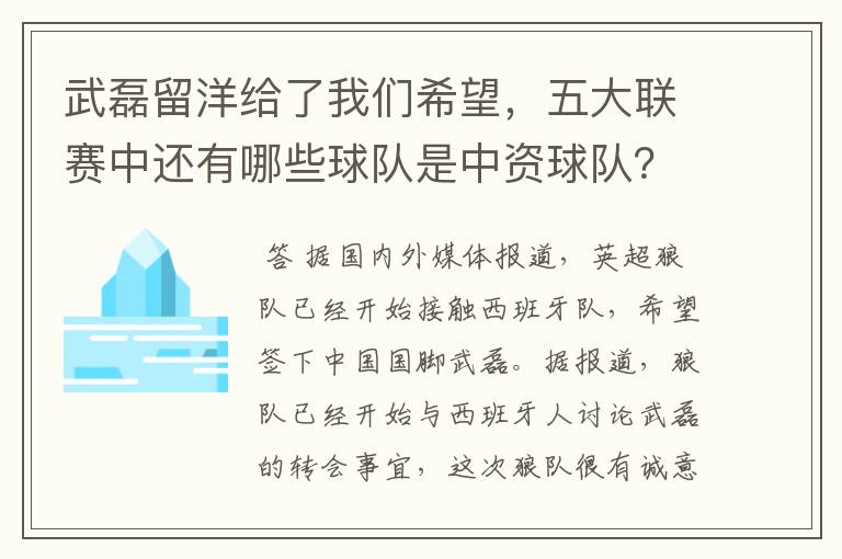 武磊留洋给了我们希望，五大联赛中还有哪些球队是中资球队？