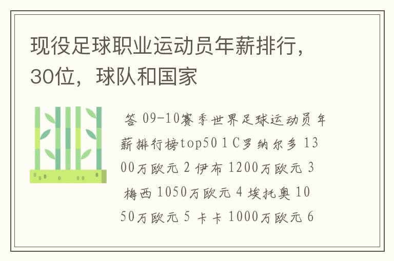 现役足球职业运动员年薪排行，30位，球队和国家