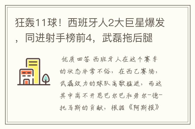 狂轰11球！西班牙人2大巨星爆发，同进射手榜前4，武磊拖后腿