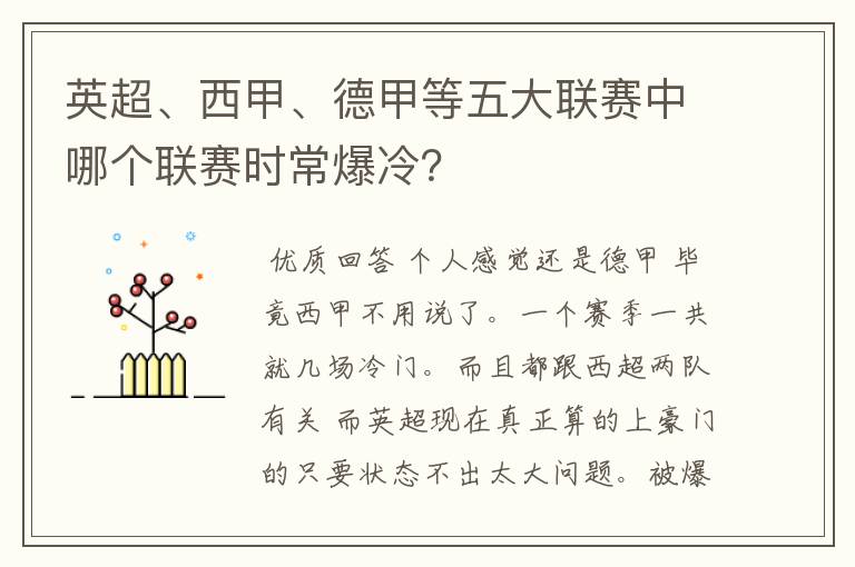 英超、西甲、德甲等五大联赛中哪个联赛时常爆冷？