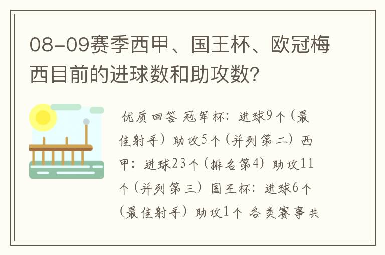 08-09赛季西甲、国王杯、欧冠梅西目前的进球数和助攻数？