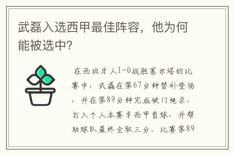 武磊入选西甲最佳阵容，他为何能被选中？