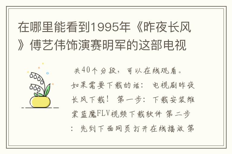 在哪里能看到1995年《昨夜长风》傅艺伟饰演赛明军的这部电视剧