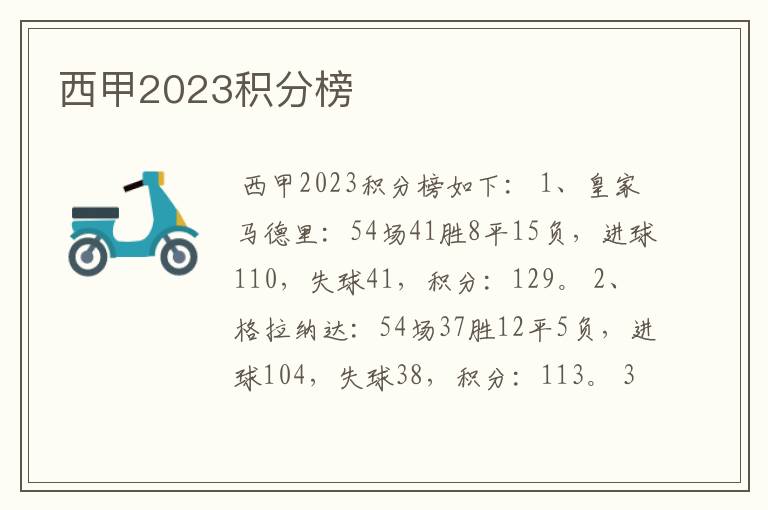 西甲2023积分榜