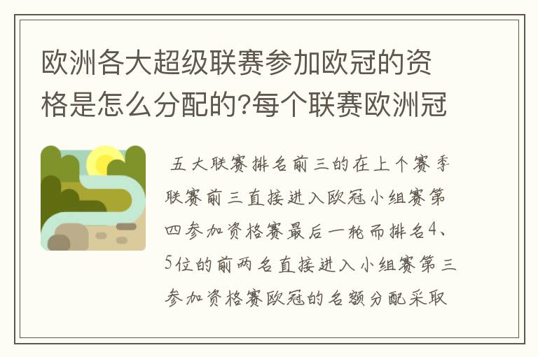 欧洲各大超级联赛参加欧冠的资格是怎么分配的?每个联赛欧洲冠军杯参赛队