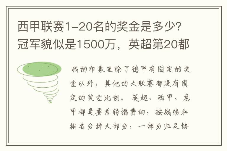 西甲联赛1-20名的奖金是多少？冠军貌似是1500万，英超第20都是4000万呀！