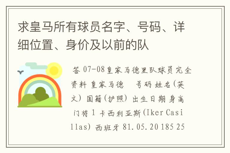 求皇马所有球员名字、号码、详细位置、身价及以前的队