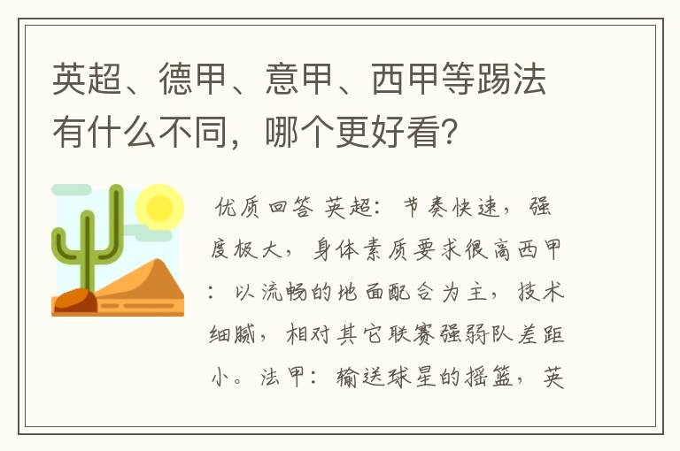 英超、德甲、意甲、西甲等踢法有什么不同，哪个更好看？