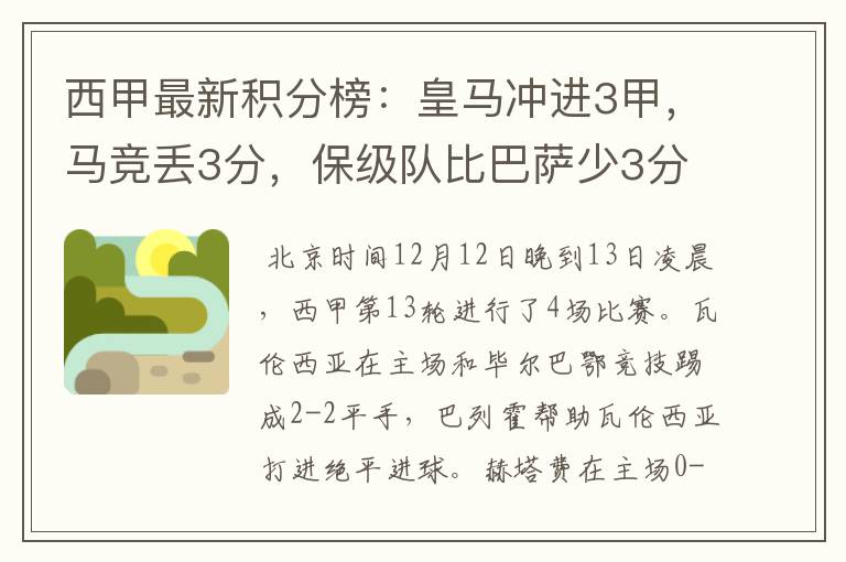 西甲最新积分榜：皇马冲进3甲，马竞丢3分，保级队比巴萨少3分