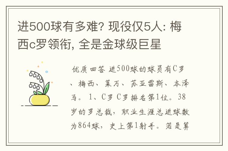 进500球有多难? 现役仅5人: 梅西c罗领衔, 全是金球级巨星