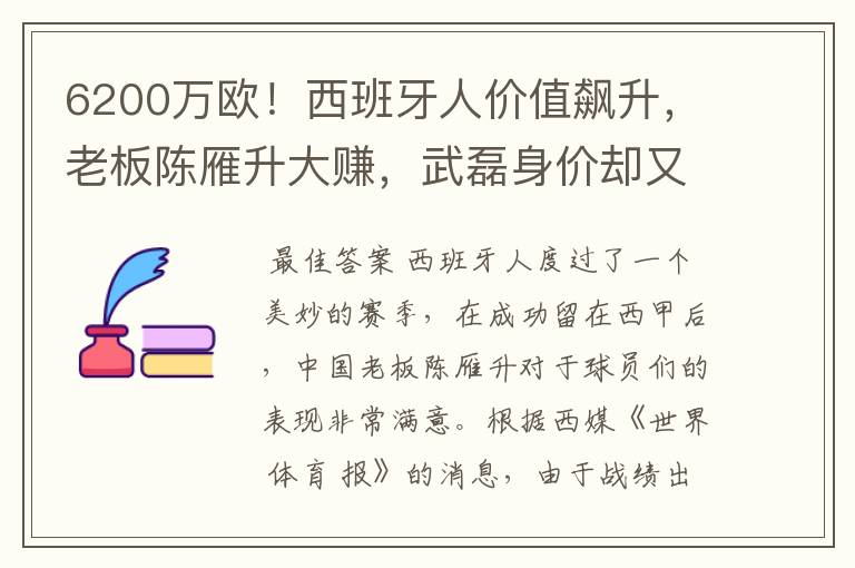 6200万欧！西班牙人价值飙升，老板陈雁升大赚，武磊身价却又缩水