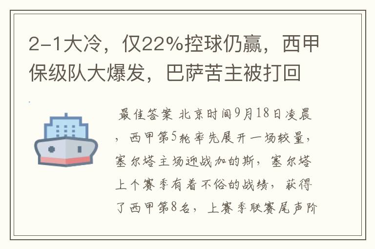 2-1大冷，仅22%控球仍赢，西甲保级队大爆发，巴萨苦主被打回原形