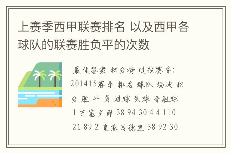 上赛季西甲联赛排名 以及西甲各球队的联赛胜负平的次数