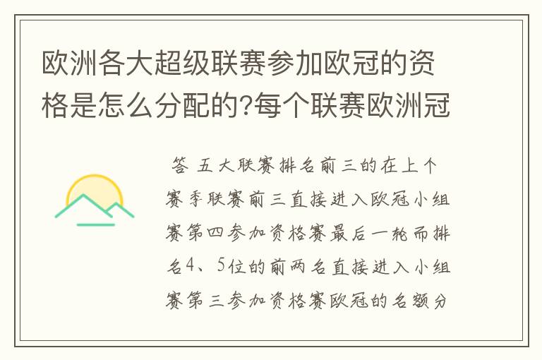 欧洲各大超级联赛参加欧冠的资格是怎么分配的?每个联赛欧洲冠军杯参赛队