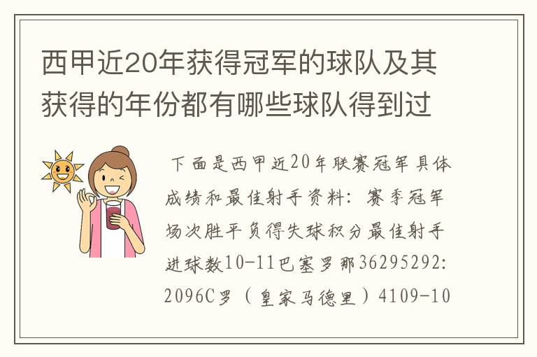 西甲近20年获得冠军的球队及其获得的年份都有哪些球队得到过意大利