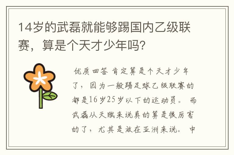 14岁的武磊就能够踢国内乙级联赛，算是个天才少年吗？