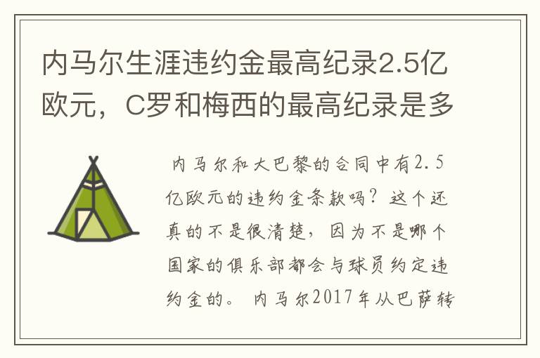 内马尔生涯违约金最高纪录2.5亿欧元，C罗和梅西的最高纪录是多少？