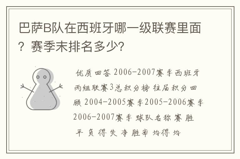 巴萨B队在西班牙哪一级联赛里面？赛季末排名多少？