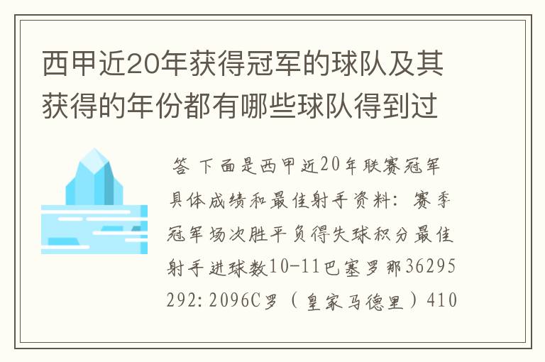 西甲近20年获得冠军的球队及其获得的年份都有哪些球队得到过意大利