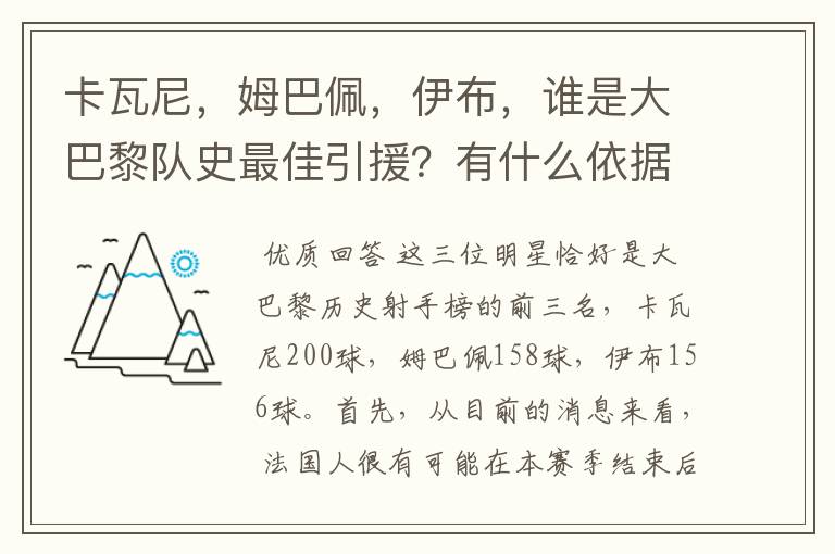 卡瓦尼，姆巴佩，伊布，谁是大巴黎队史最佳引援？有什么依据？