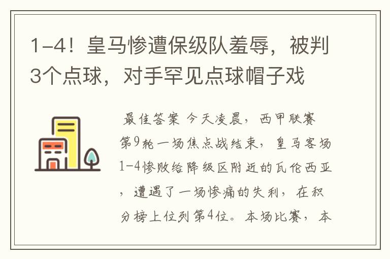 1-4！皇马惨遭保级队羞辱，被判3个点球，对手罕见点球帽子戏