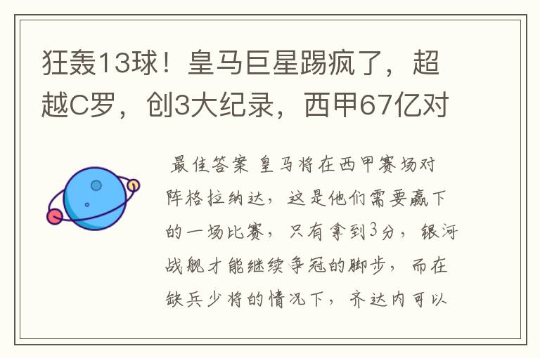 狂轰13球！皇马巨星踢疯了，超越C罗，创3大纪录，西甲67亿对决