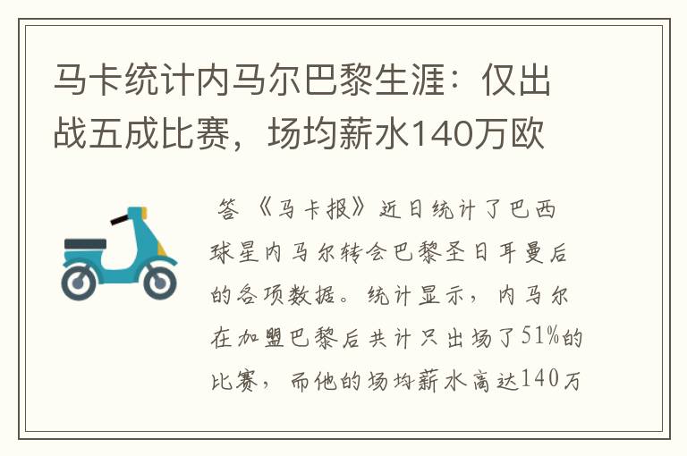 马卡统计内马尔巴黎生涯：仅出战五成比赛，场均薪水140万欧