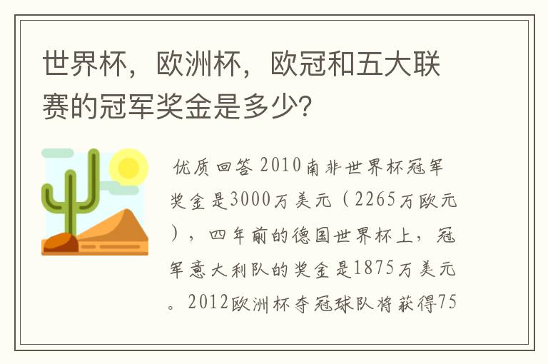 世界杯，欧洲杯，欧冠和五大联赛的冠军奖金是多少？