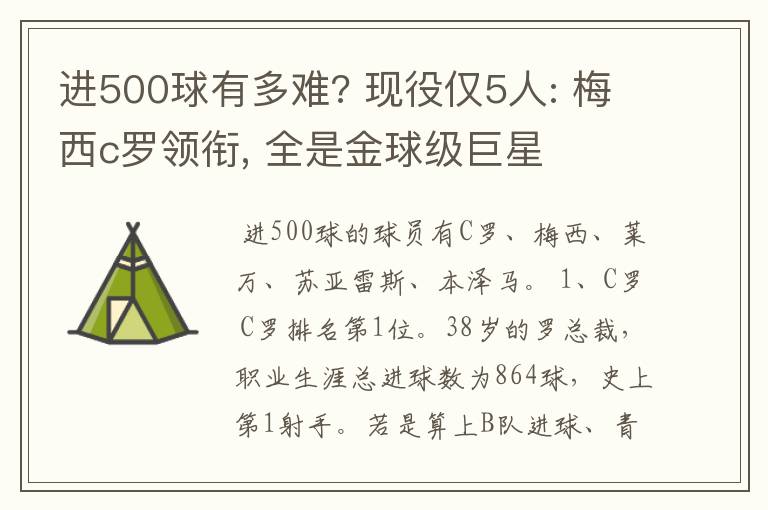 进500球有多难? 现役仅5人: 梅西c罗领衔, 全是金球级巨星