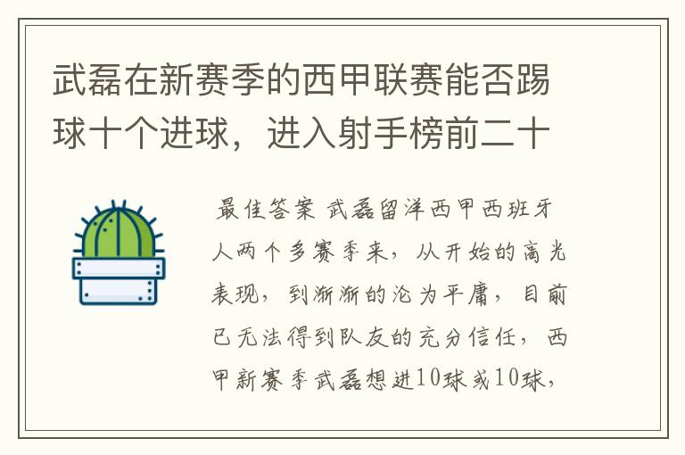 武磊在新赛季的西甲联赛能否踢球十个进球，进入射手榜前二十？