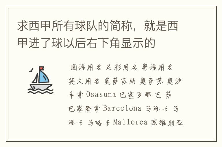 求西甲所有球队的简称，就是西甲进了球以后右下角显示的