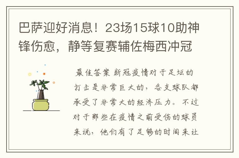 巴萨迎好消息！23场15球10助神锋伤愈，静等复赛辅佐梅西冲冠！