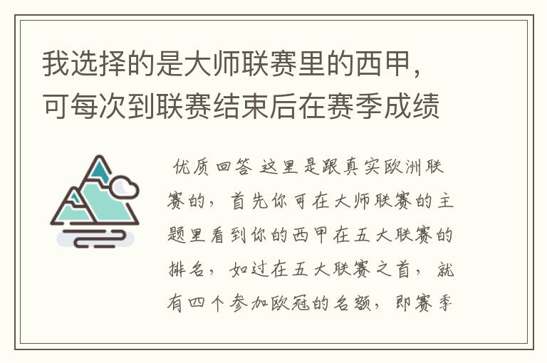 我选择的是大师联赛里的西甲，可每次到联赛结束后在赛季成绩里在欧洲联赛里哪项是为参加，要怎样才能参加