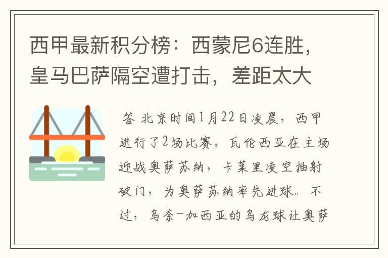 西甲最新积分榜：西蒙尼6连胜，皇马巴萨隔空遭打击，差距太大