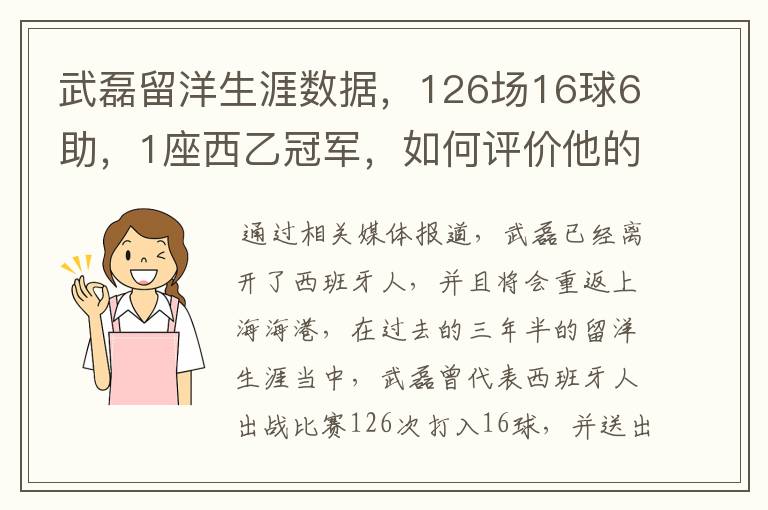 武磊留洋生涯数据，126场16球6助，1座西乙冠军，如何评价他的表现？