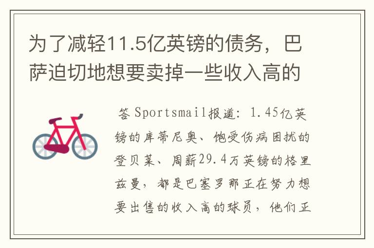 为了减轻11.5亿英镑的债务，巴萨迫切地想要卖掉一些收入高的球员